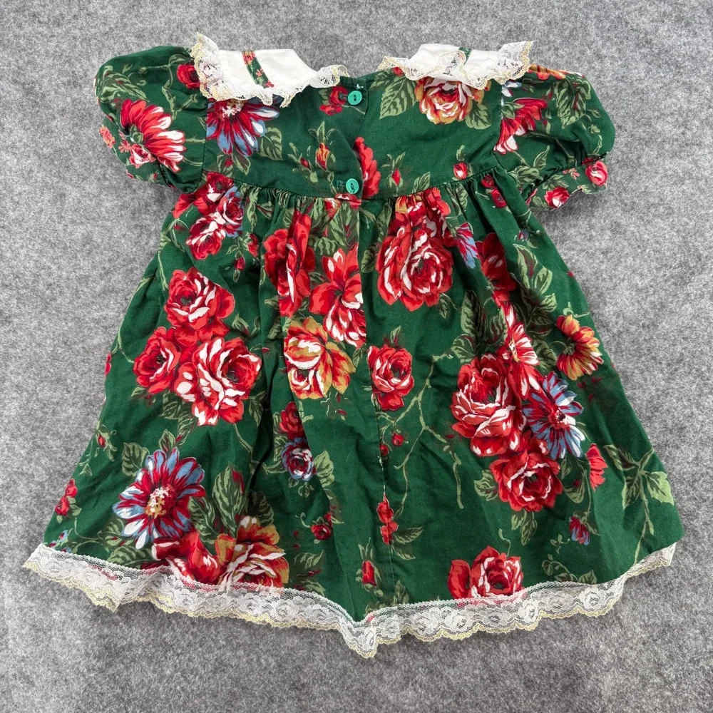 Jo Lene Floral Rose Dress Kids Size 2T Green Red Lace Trim Vintage Style USA